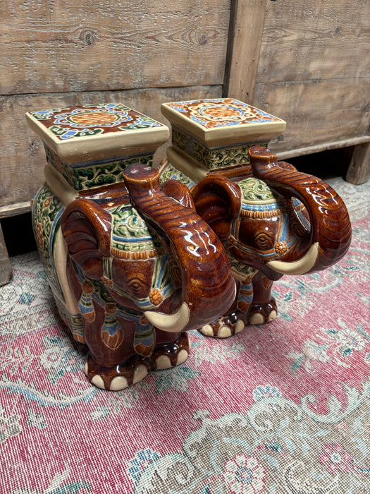 Glazed Ceramic Pair of Elephant Side Tables in Green, Blue and Brown