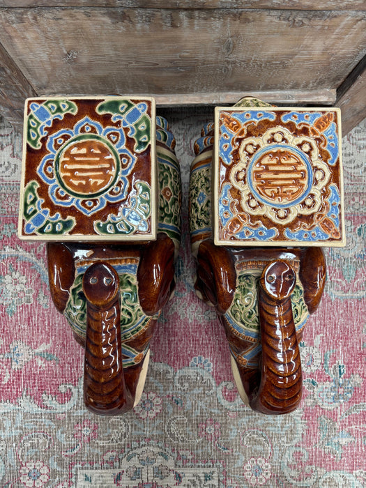 Glazed Ceramic Pair of Elephant Side Tables in Green, Blue and Brown