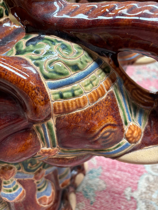 Glazed Ceramic Pair of Elephant Side Tables in Green, Blue and Brown