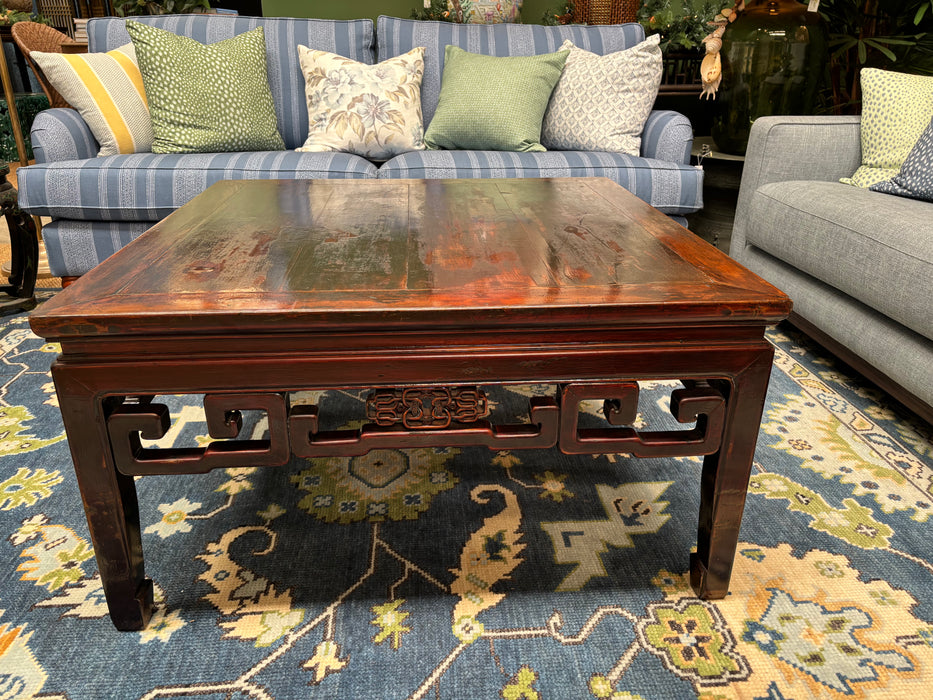 Vintage Rich Brown Lacquered Chinese Carved Coffee Table