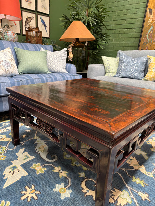 Vintage Rich Brown Lacquered Chinese Carved Coffee Table