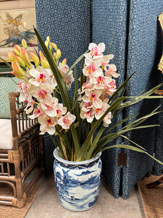 Dramatic Real-Look Pink and Yellow Cymbidium in Chinoiserie Planter