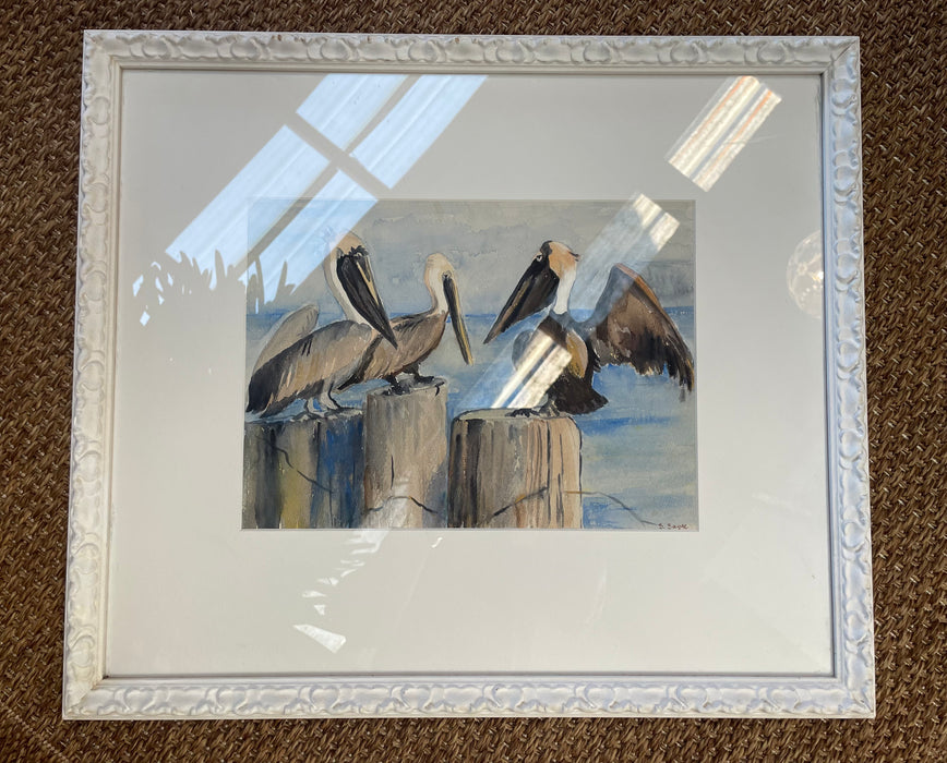 Vintage Three Pelicans Watercolour Painting - S. Sayre