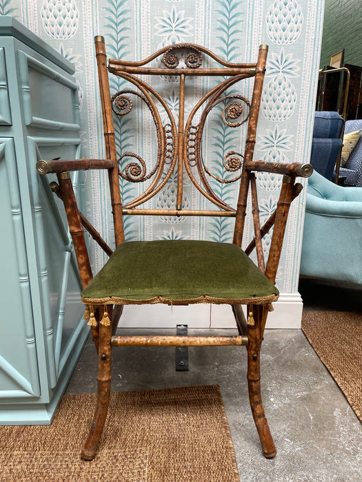 Pair of Vintage Rattan Chairs with Original Green Velvet Seats