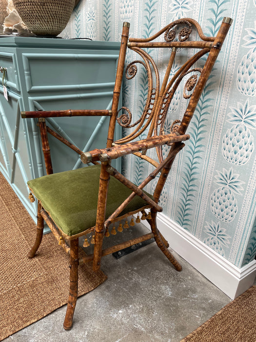 Pair of Vintage Rattan Chairs with Original Green Velvet Seats