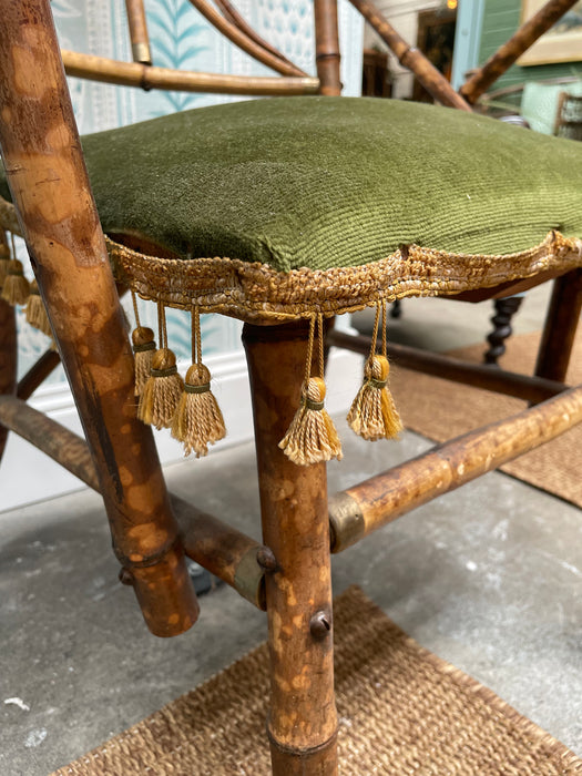 Pair of Vintage Rattan Chairs with Original Green Velvet Seats