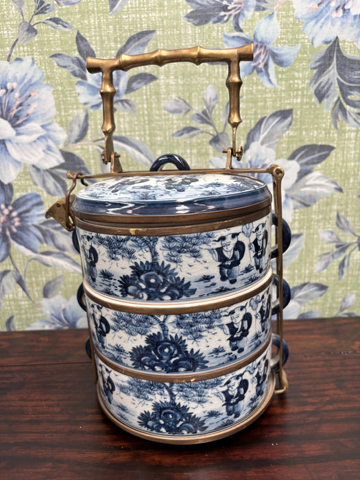 Chinese Blue and White Vintage Porcelain and Brass Tiffin Box - Children at Play