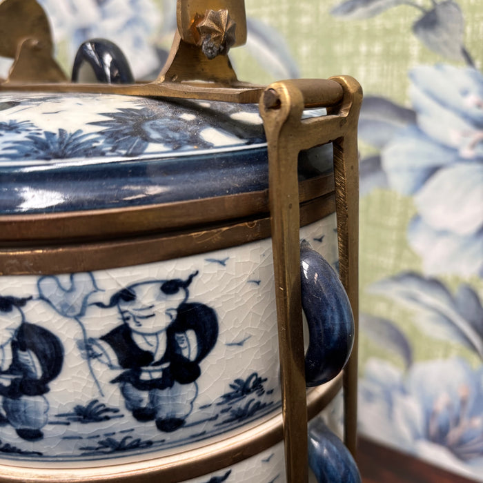 Chinese Blue and White Vintage Porcelain and Brass Tiffin Box - Children at Play