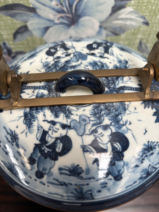 Chinese Blue and White Vintage Porcelain and Brass Tiffin Box - Children at Play