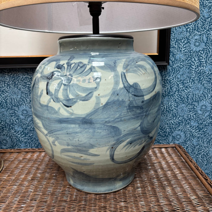 Large Blue and White Hand-Painted Korean Abstract Fish Lamps (Pair Available)