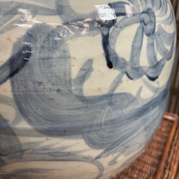 Large Blue and White Hand-Painted Korean Abstract Fish Lamps (Pair Available)