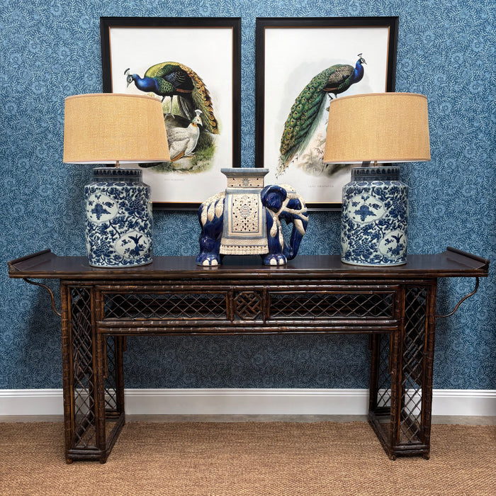 Vintage Blue and Ivory Ceramic Elephant Side Table