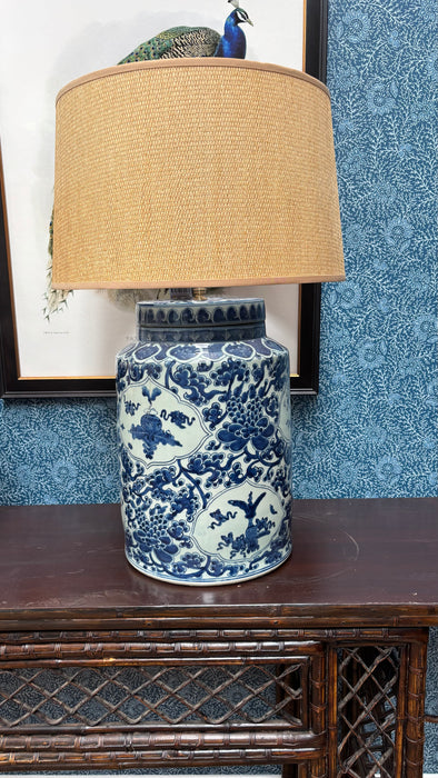 Substantial Vintage Chinoiserie Blue and White Drum Lamp (Pair available)