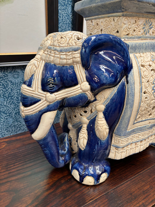 Vintage Blue and Ivory Ceramic Elephant Side Table