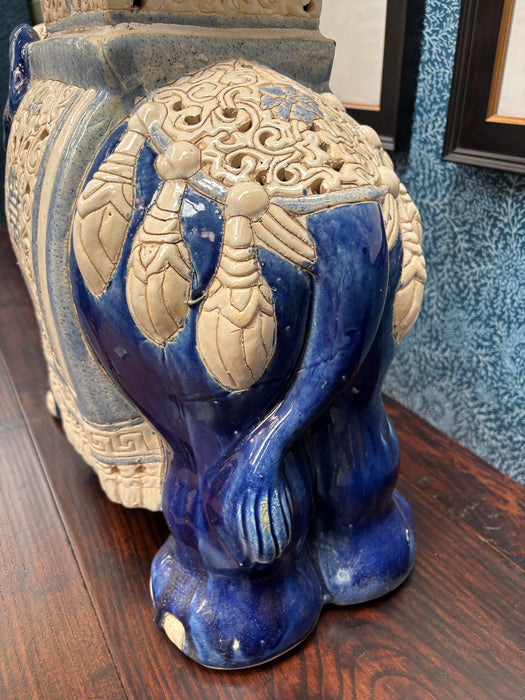 Vintage Blue and Ivory Ceramic Elephant Side Table