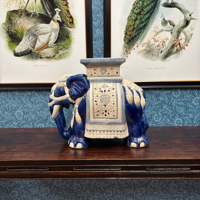 Vintage Blue and Ivory Ceramic Elephant Side Table