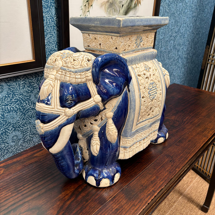 Vintage Blue and Ivory Ceramic Elephant Side Table