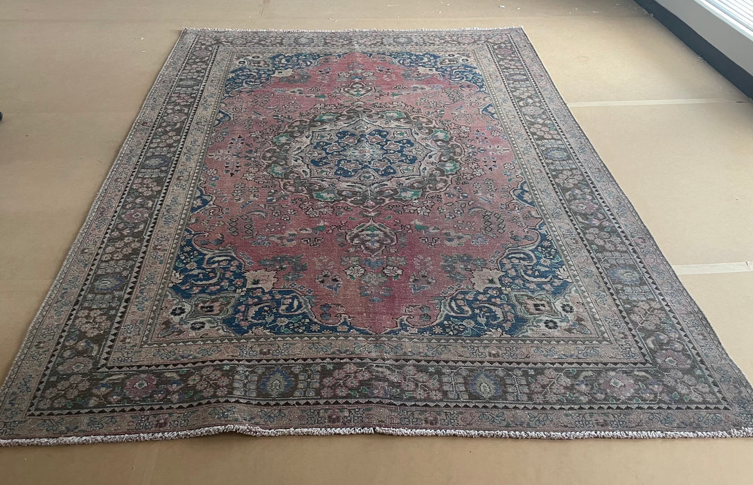 Vintage Persian Tabriz Wool Rug - Pink, Indigo and Aquamarine - 195 x 274cm