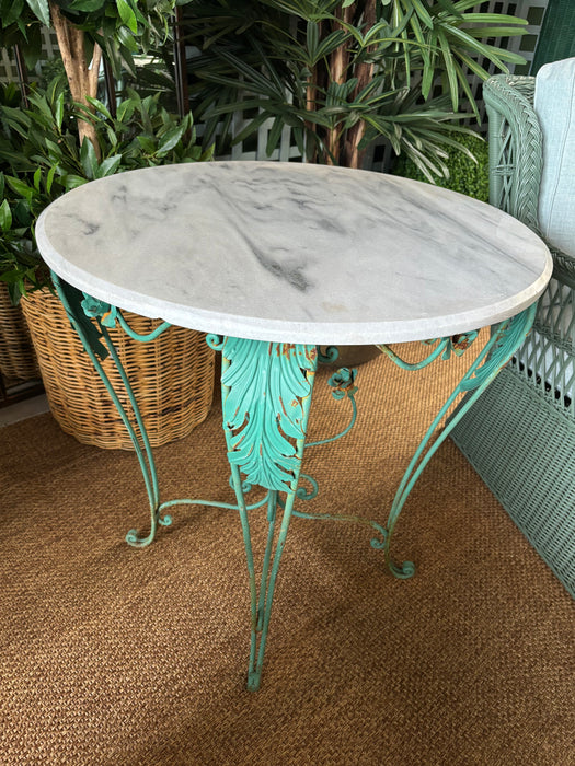 Vintage Green Wrought Iron Round Table with White Carrara Top