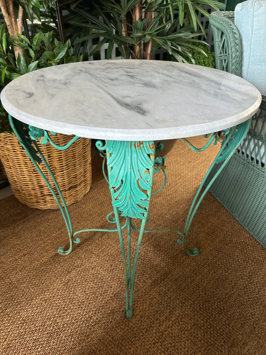 Vintage Green Wrought Iron Round Table with White Carrara Top