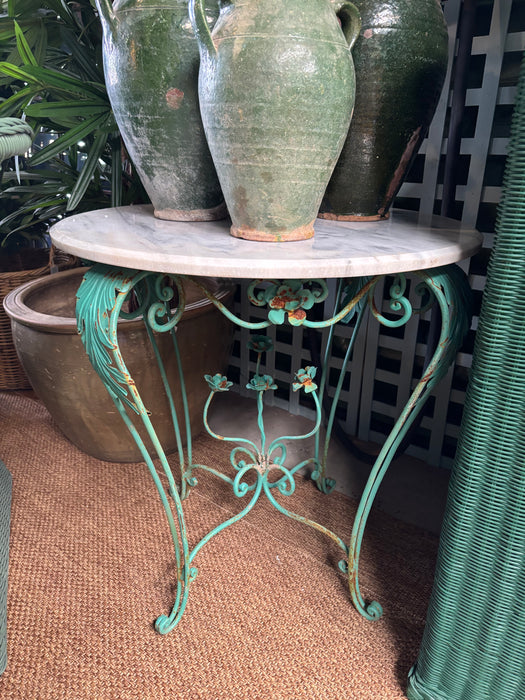 Vintage Green Wrought Iron Round Table with White Carrara Top