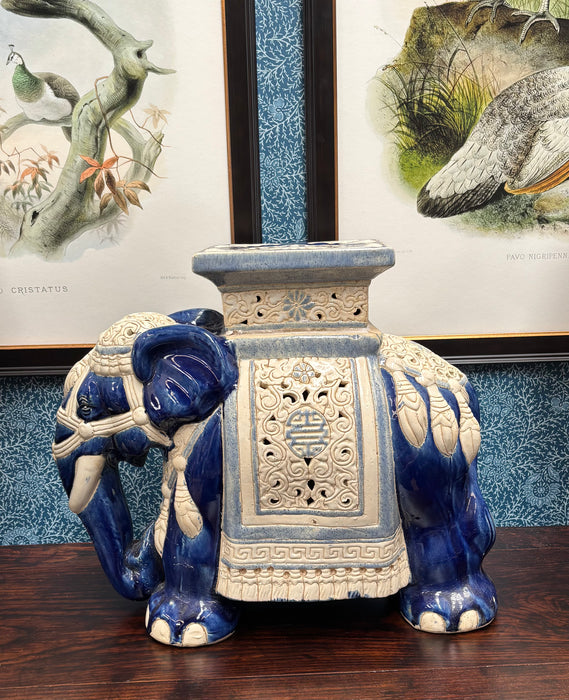 Vintage Blue and Ivory Ceramic Elephant Side Table