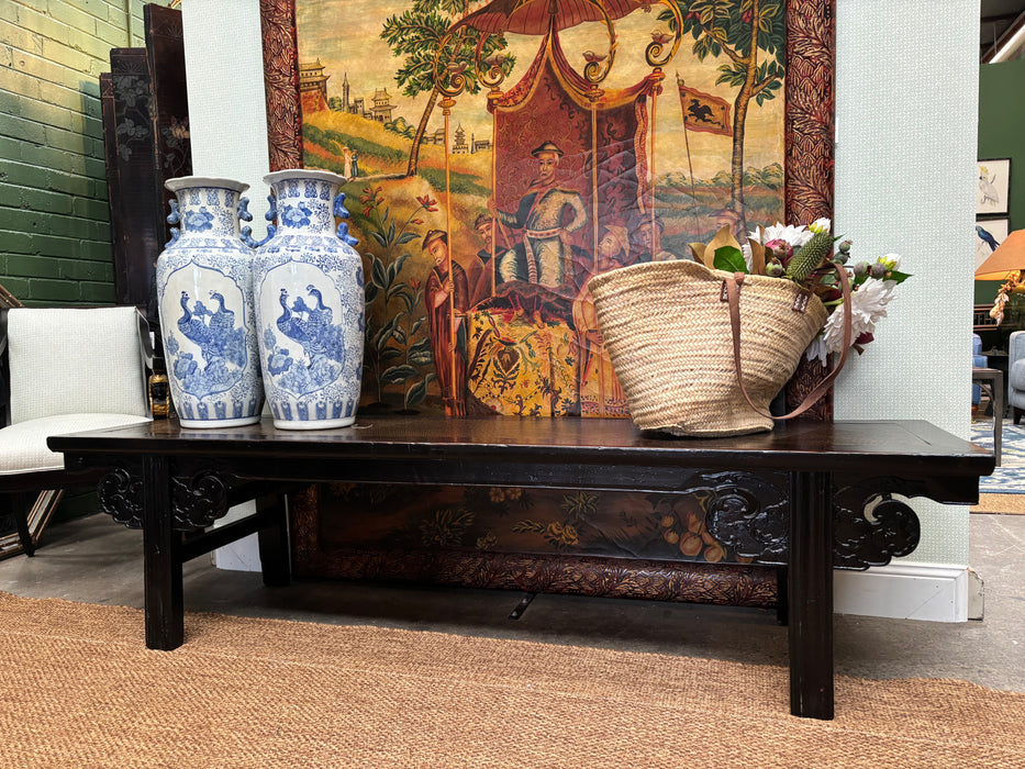 Vintage Chinese Dark Brown Lacquered Scroll Bench