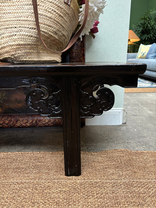 Vintage Chinese Dark Brown Lacquered Scroll Bench