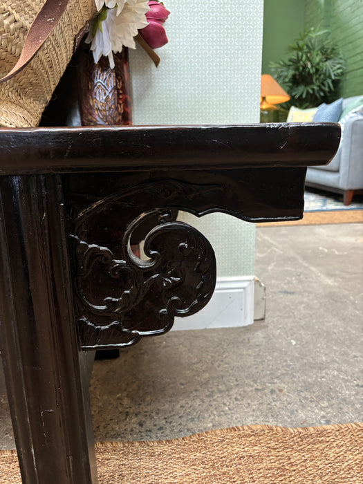 Vintage Chinese Dark Brown Lacquered Scroll Bench