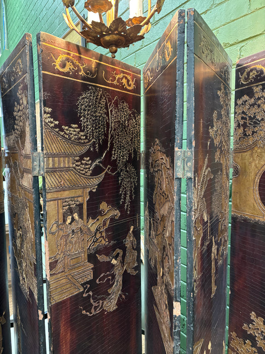 Antique Pagoda Six Panel Lacquer Gilt screen Late Qing Dynasty/19th Century