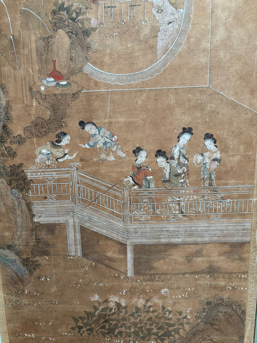 Antique Set of Four Qing Dynasty Painted Panels of Courtly Ladies at Leisure with Silk Covered Frames