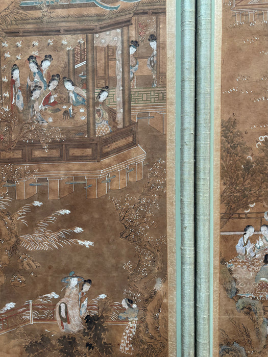 Antique Set of Four Qing Dynasty Painted Panels of Courtly Ladies at Leisure with Silk Covered Frames