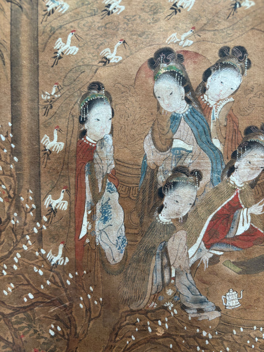 Antique Set of Four Qing Dynasty Painted Panels of Courtly Ladies at Leisure with Silk Covered Frames