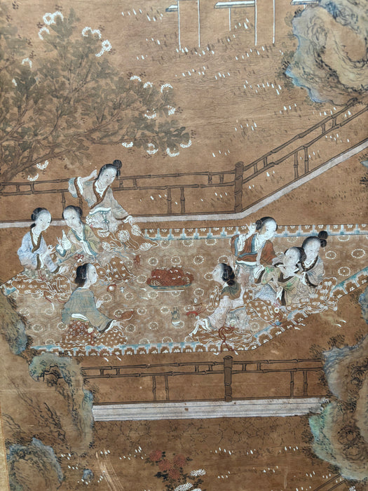 Antique Set of Four Qing Dynasty Painted Panels of Courtly Ladies at Leisure with Silk Covered Frames