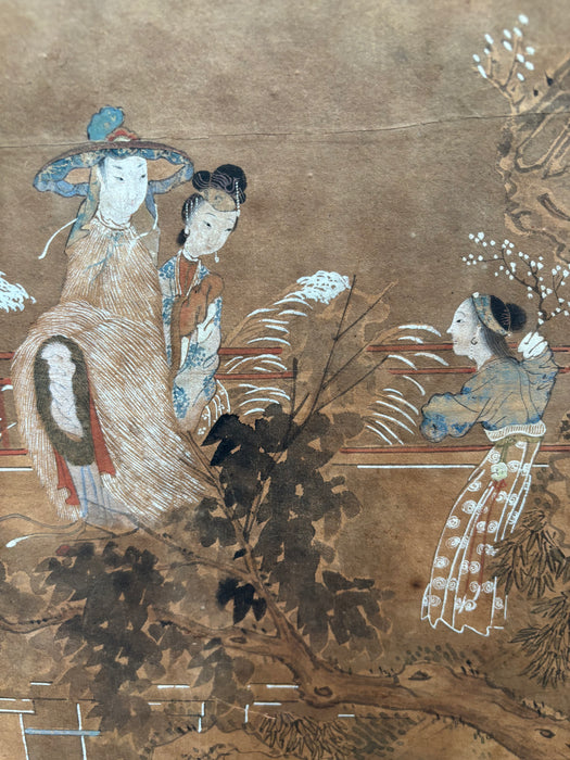 Antique Set of Four Qing Dynasty Painted Panels of Courtly Ladies at Leisure with Silk Covered Frames