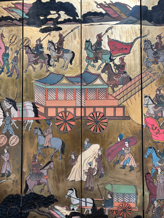 Vintage Chinese Black and Gold Lacquered Four Panel Screen with Chariot and Horses