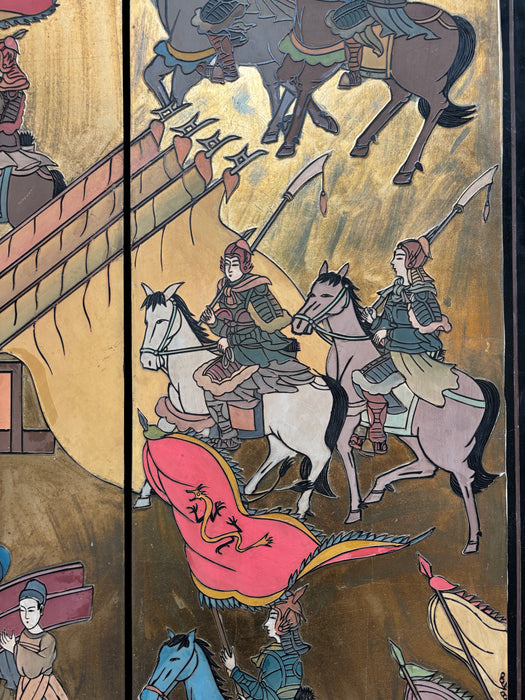 Vintage Chinese Black and Gold Lacquered Four Panel Screen with Chariot and Horses