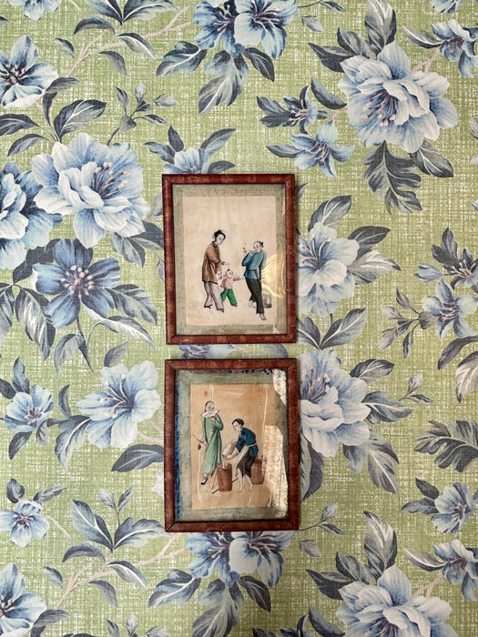 Pair of Antique 19th Century Chinese Figure Paintings on Parchment