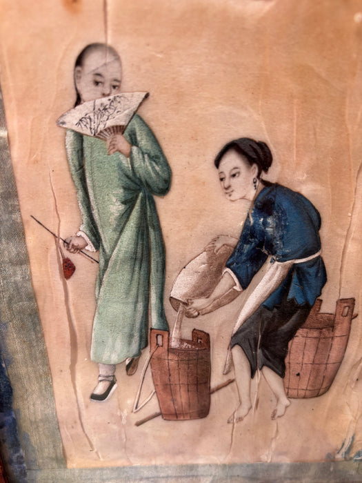 Pair of Antique 19th Century Chinese Figure Paintings on Parchment