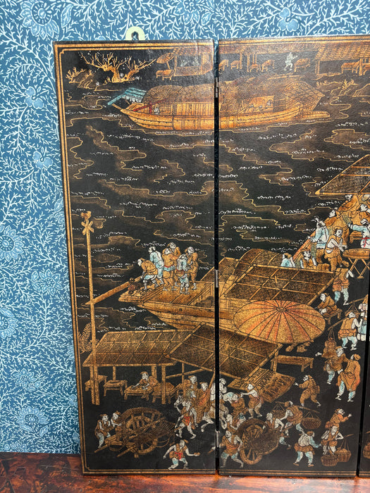 Small Vintage Hand-Painted Chinese Six Panel Screen with River Scene