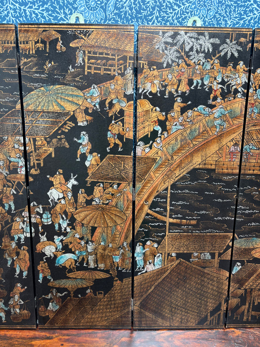 Small Vintage Hand-Painted Chinese Six Panel Screen with River Scene