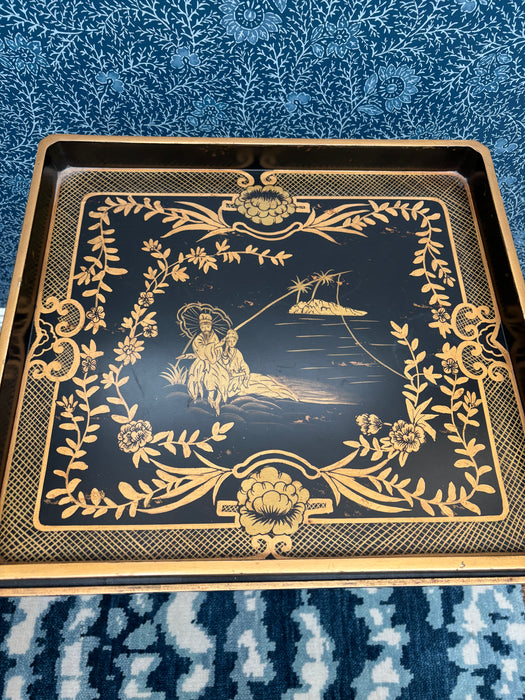 Vintage Hand-Carved Black Chinoiserie Tray Table with Hand-Painted Gold Scenes