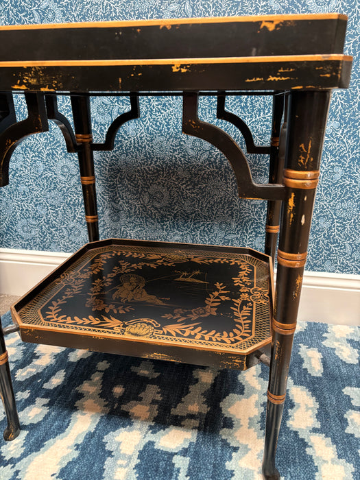 Vintage Hand-Carved Black Chinoiserie Tray Table with Hand-Painted Gold Scenes