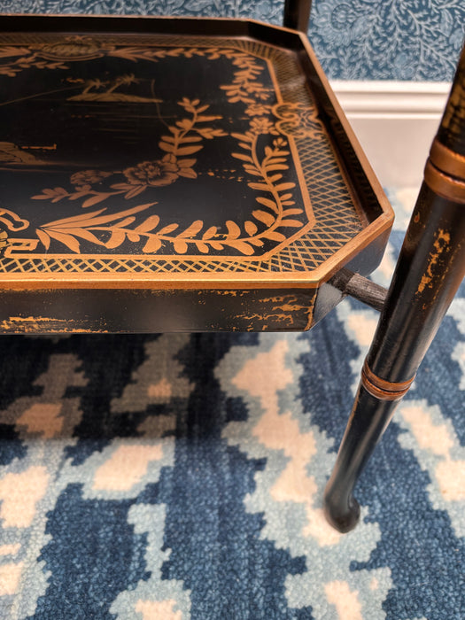 Vintage Hand-Carved Black Chinoiserie Tray Table with Hand-Painted Gold Scenes