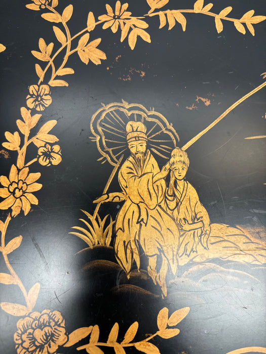 Vintage Hand-Carved Black Chinoiserie Tray Table with Hand-Painted Gold Scenes