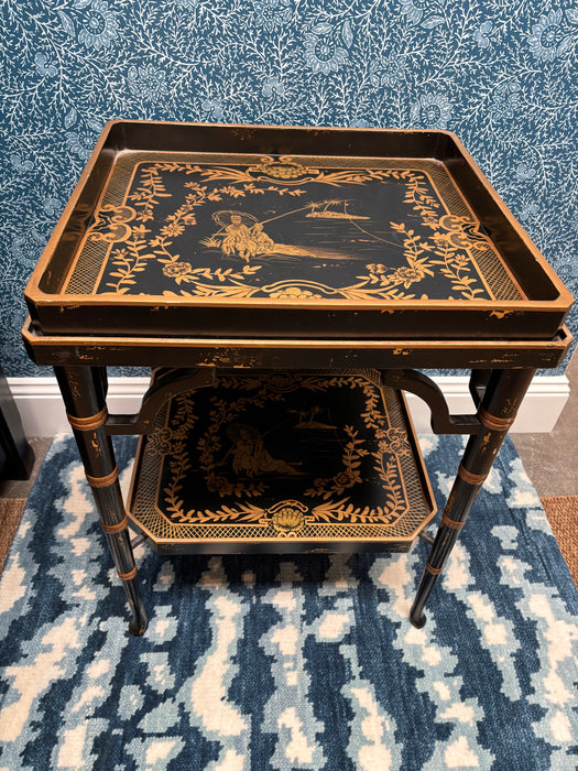 Vintage Hand-Carved Black Chinoiserie Tray Table with Hand-Painted Gold Scenes