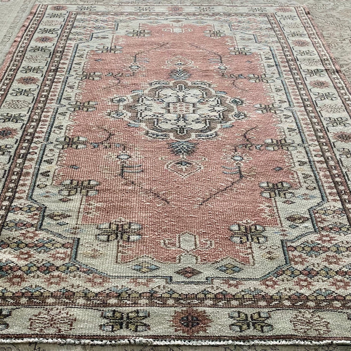 Vintage Turkish Wool Rug Warm Pink and Celadon Green with Blue and Brown Motif 253cm x 170cm