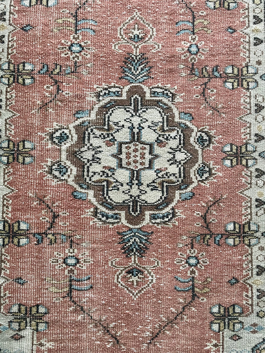 Vintage Turkish Wool Rug Warm Pink and Celadon Green with Blue and Brown Motif 253cm x 170cm
