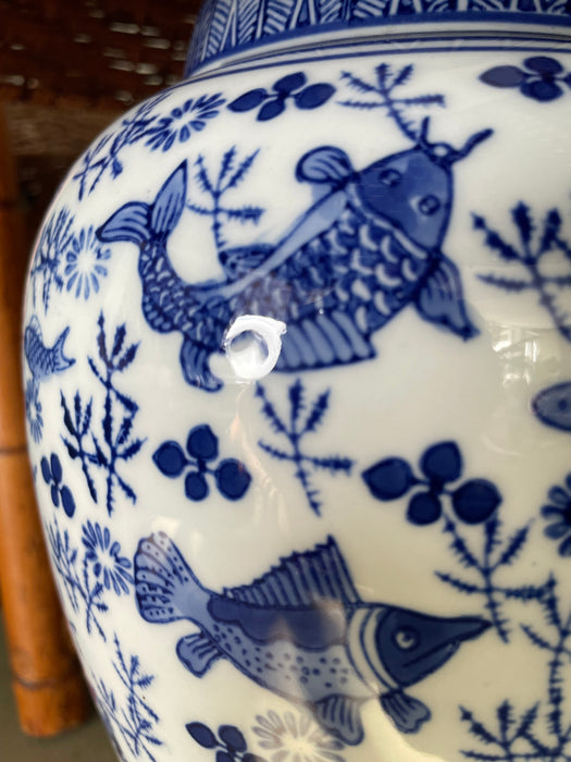 Vintage Chinoiserie Blue and White Fish Lamp with Rattan Shade