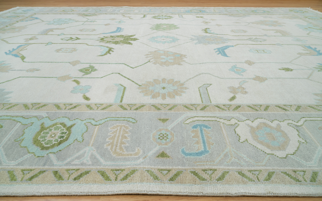 Arda Hand-Knotted Indian Oushak Wool Rug - Ivory, Aquamarine, Dove and Basil 244 x 305cm